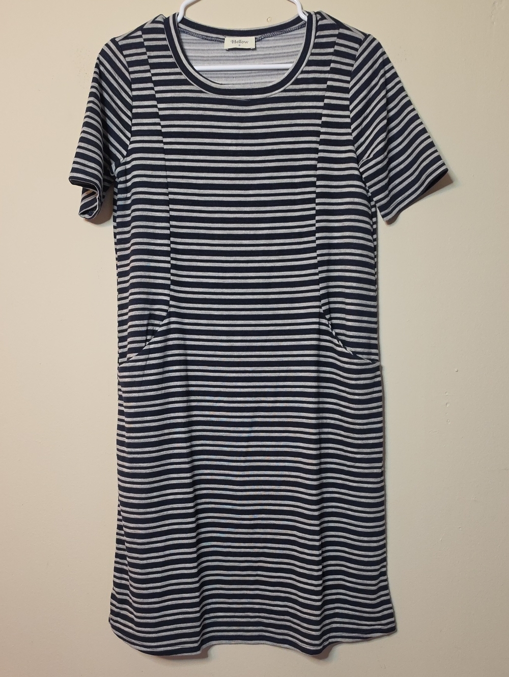 Hellow Navy & Grey Striped Short Sleeve Midi Dress